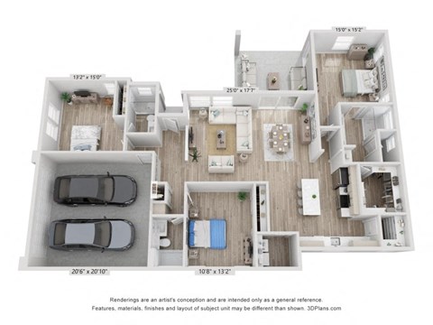 3d floor plan of a 1 bedroom 840 sq ft apartment